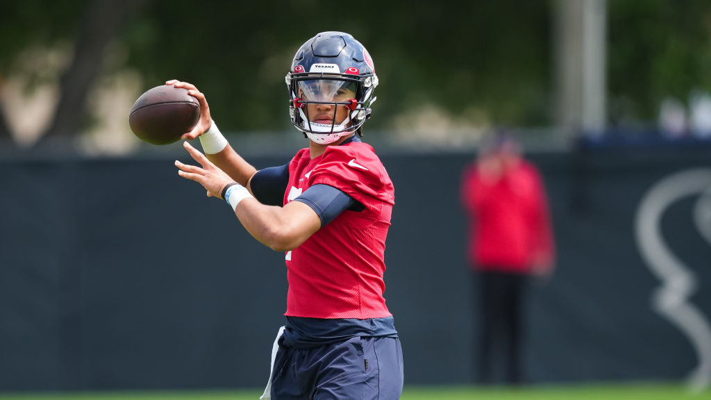 Quarterback C.J Stroud #7 of the Houston Texans throws during the first day of Houston Texans Rooki...
