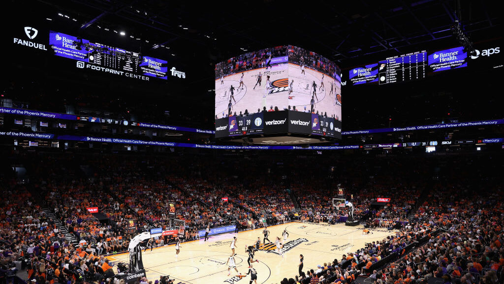 General view of action between the Phoenix Mercury and the Chicago Sky during the second half of th...