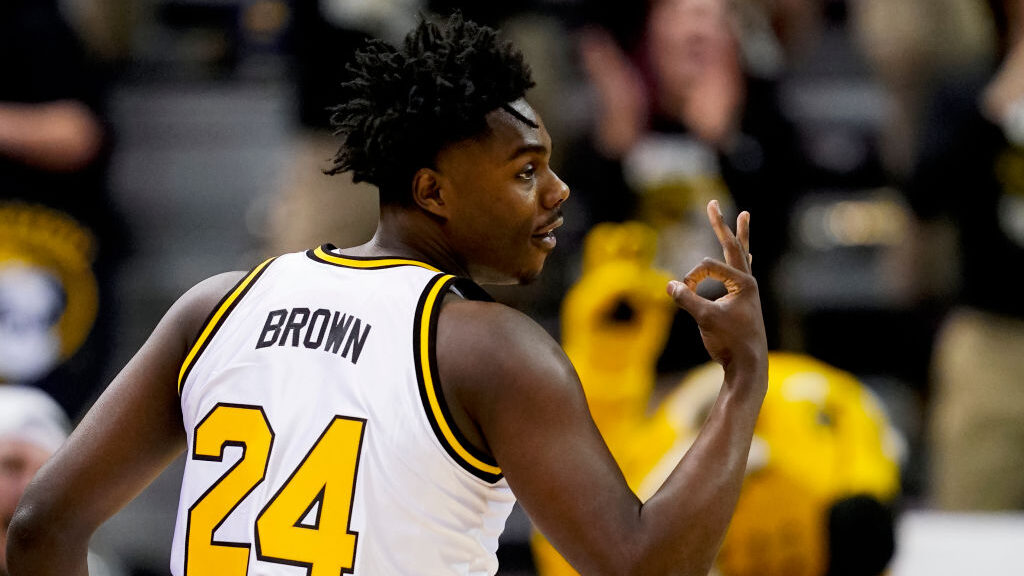 Kobe Brown #24 of the Missouri Tigers celebrates after scoring during the first half of the game ag...