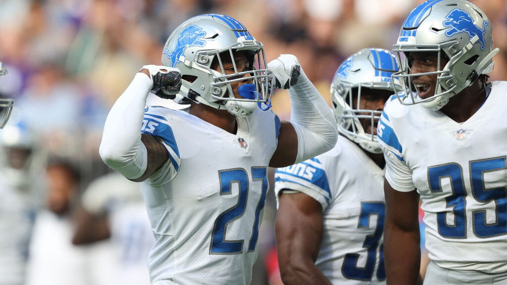 Bobby Price #27 of the Detroit Lions celebrates the stop of a punt return during the second half ag...