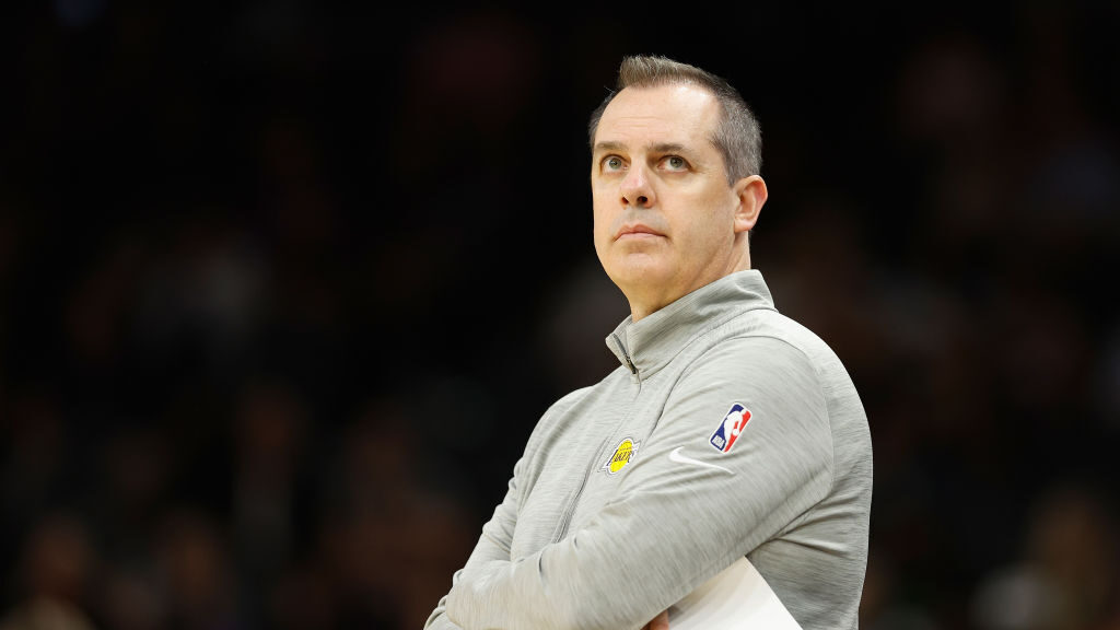 Head coach Frank Vogel of the Los Angeles Lakers reacts during the second half of the NBA game agai...