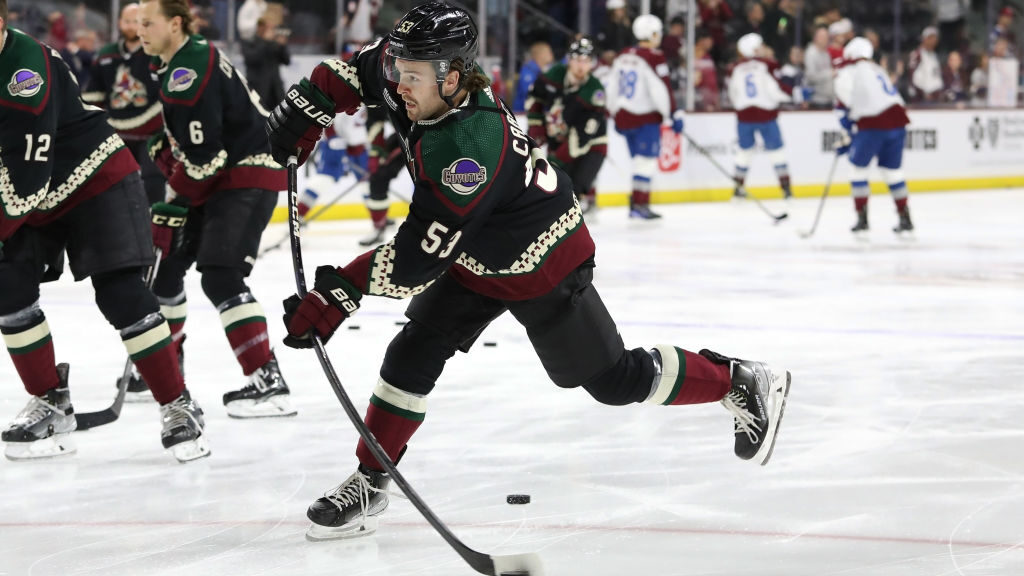 Michael Carcone #53 of the Arizona Coyotes warms up after being called up from the AHL in a game ag...