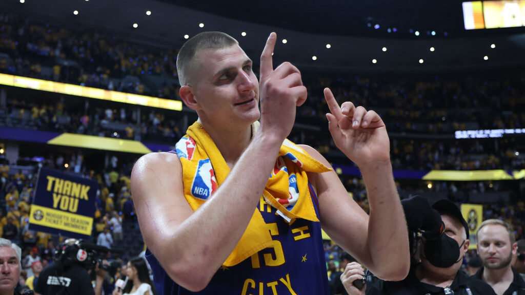 Nikola Jokic #15 of the Denver Nuggets reacts after a 104-93 victory against the Miami Heat in Game...