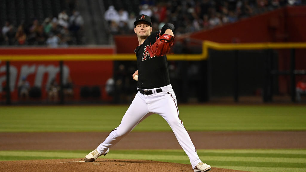 Ryne Nelson #19 of the Arizona Diamondbacks delivers a first inning pitch against the Philadelphia ...