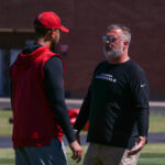Arizona Cardinals special teams coordinator and assistant head coach Jeff Rodgers talks with a fellow coach during minicamp on Tuesday, June 13, 2023, in Tempe. (Tyler Drake/Arizona Sports)