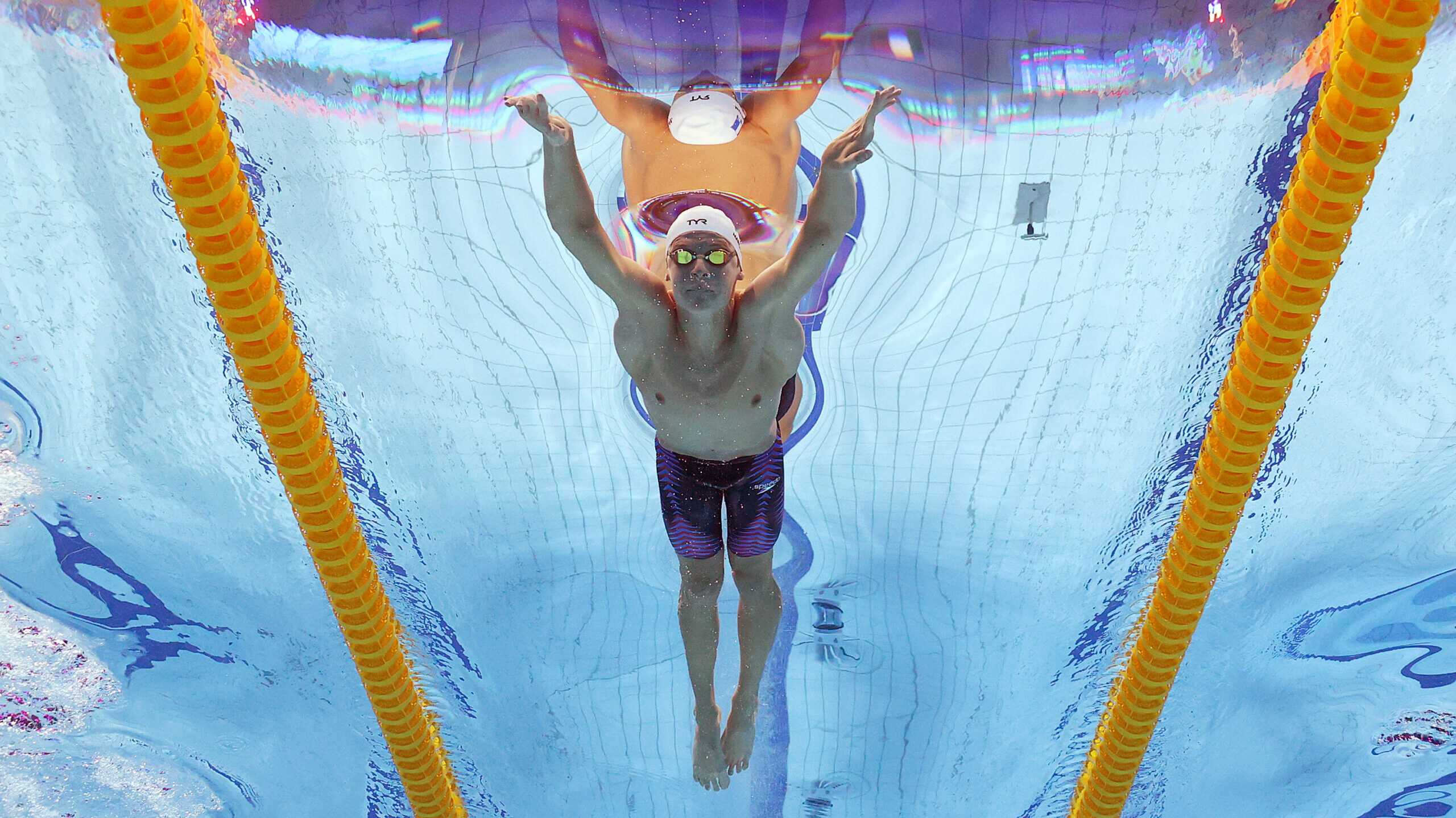 Leon Marchand of Team France competes in the Men's 400m Medley Final on day one of the Budapest 202...