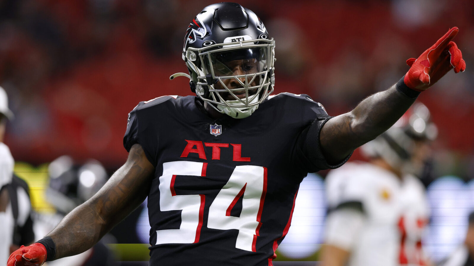 David Anenih of the Atlanta Falcons reacts during the first quarter against the Tampa Bay Buccaneer...