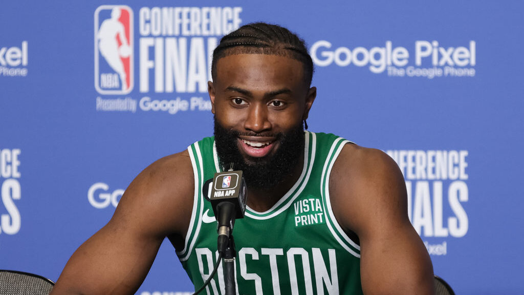 Jaylen Brown #7 of the Boston Celtics speaks during a press conference following  game six of the E...