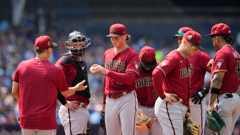 Tommy Henry (3rd L) #47 of the Arizona Diamondbacks is taken out of the game during the fifth innin...