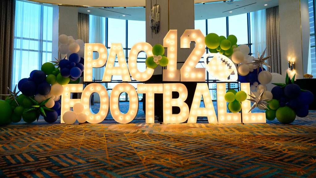 The Pac-12 Football display at Resorts World for Pac-12 Media Day at Zouk Nightclub at Resorts Worl...