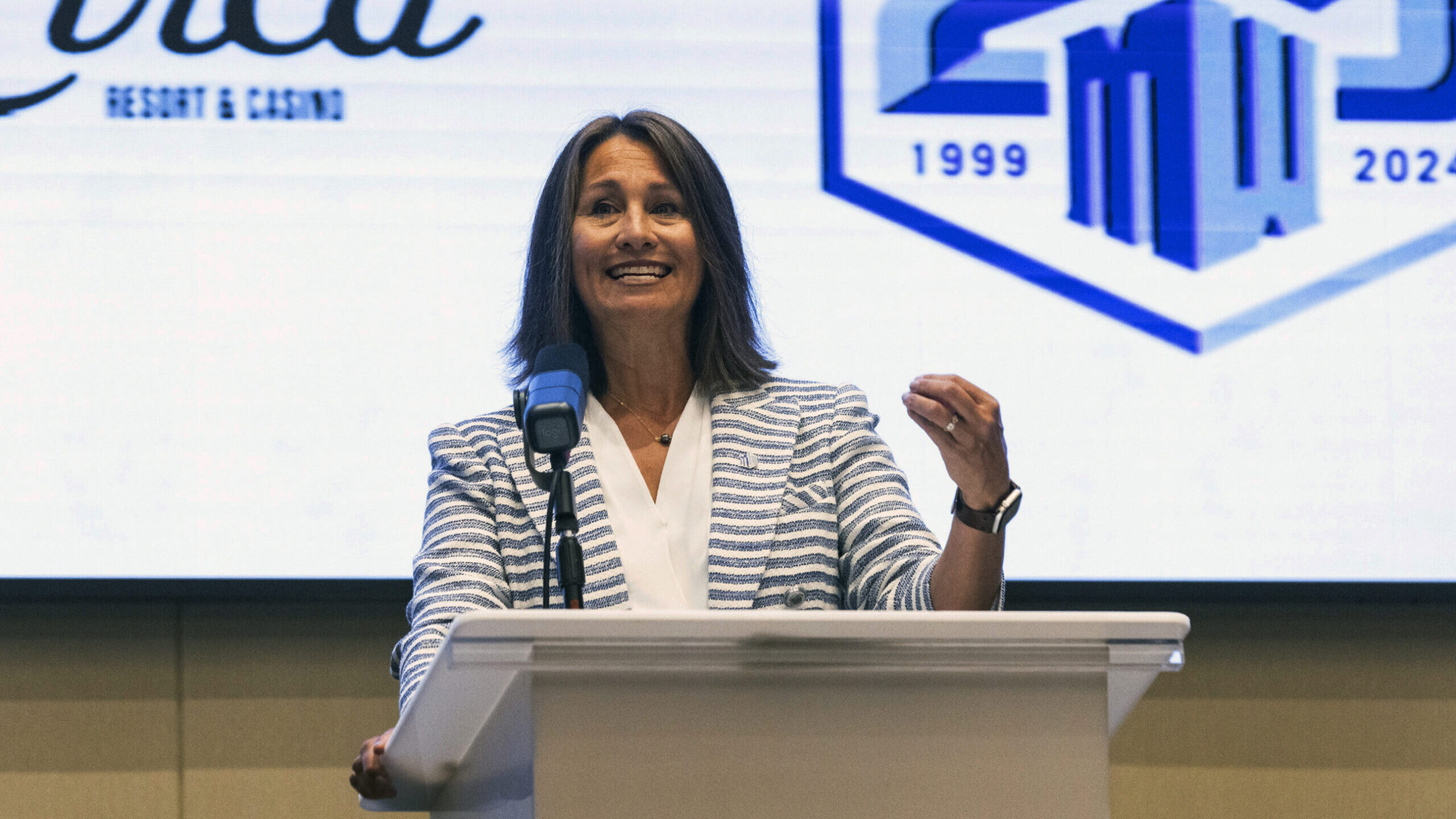 Mountain West Conference commissioner Gloria Nevarez speaks during NCAA college football media days...