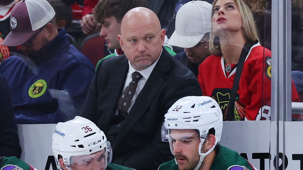 Head coach André Tourigny of the Arizona Coyotes looks on against the Chicago Blackhawks during th...