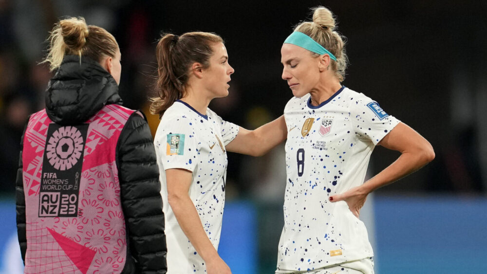 Kelley O'Hara #5 comforts Julie Ertz #8 of the United States after loosing  during the FIFA Women's...