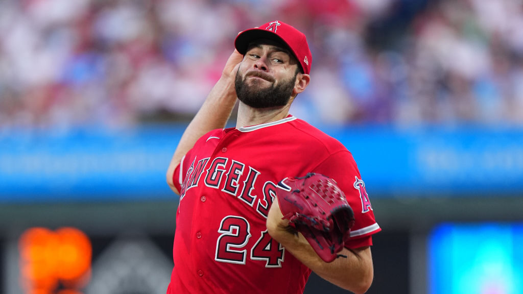 Lucas Giolito #24 of the Los Angeles Angels throws a pitch in the bottom of the first inning agains...