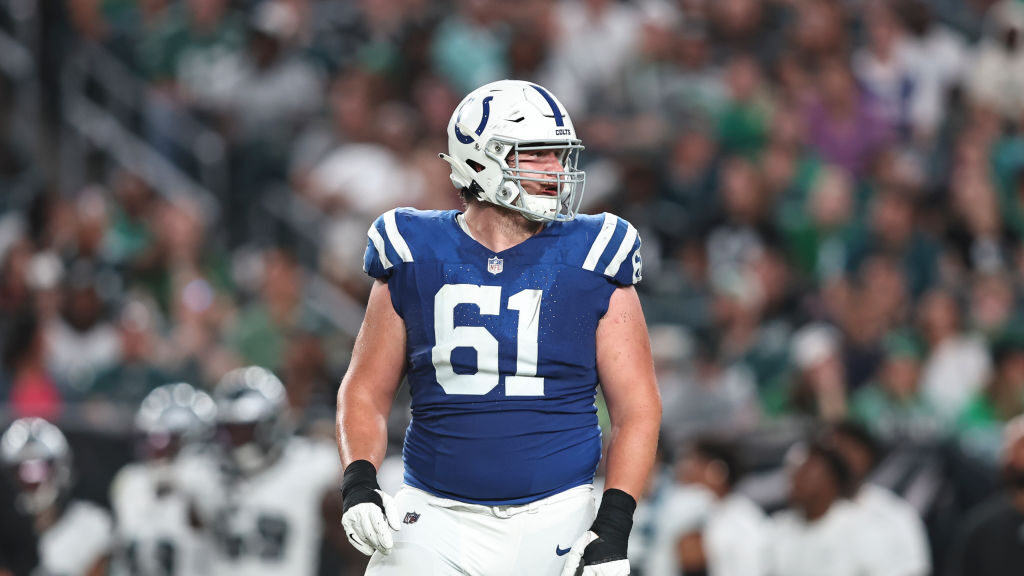 Carter O'Donnell #61 of the Indianapolis Colts lines up against the Philadelphia Eagles during an N...
