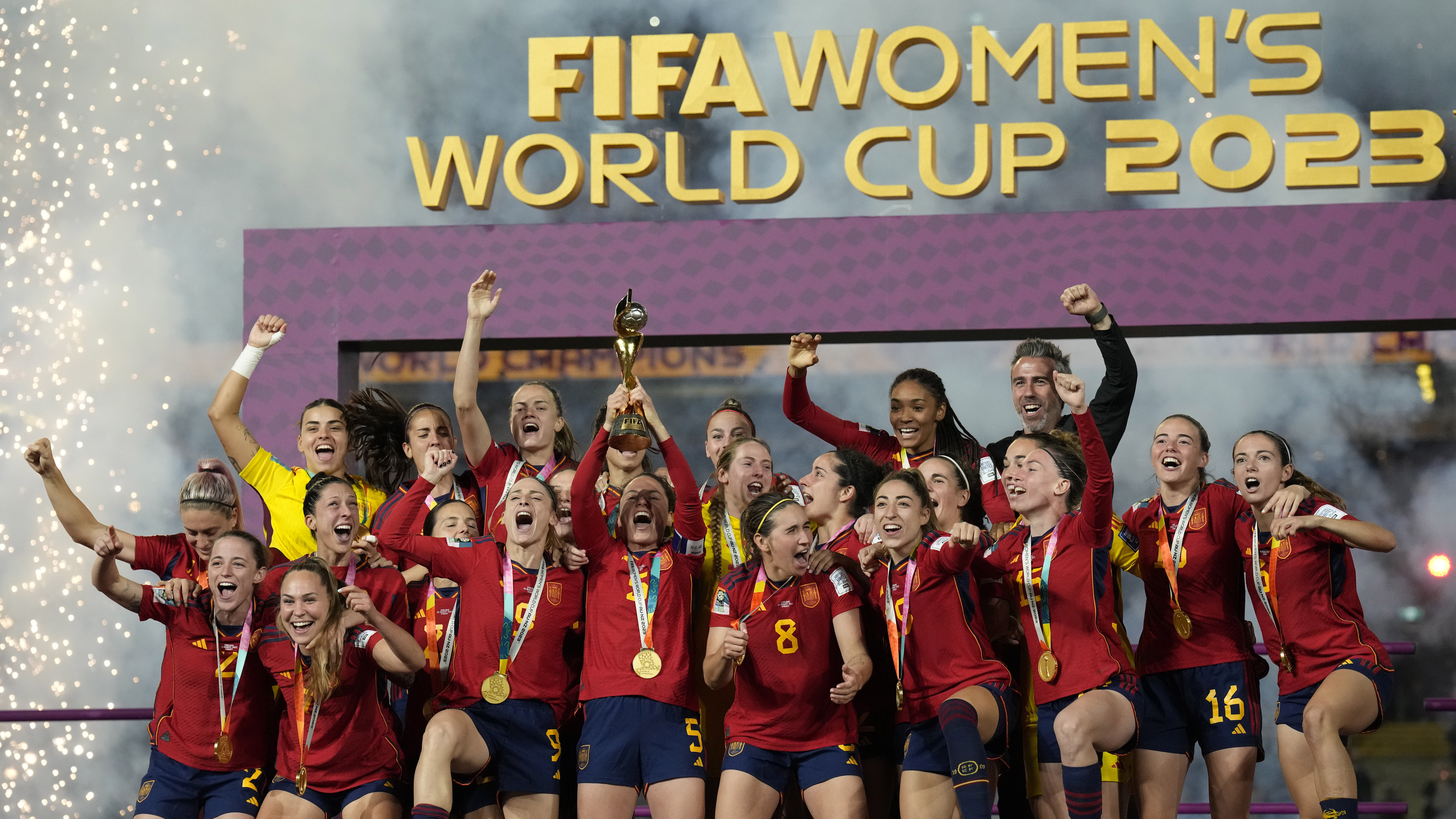 Team Spain celebrates after winning the Women's World Cup soccer final against England at Stadium A...