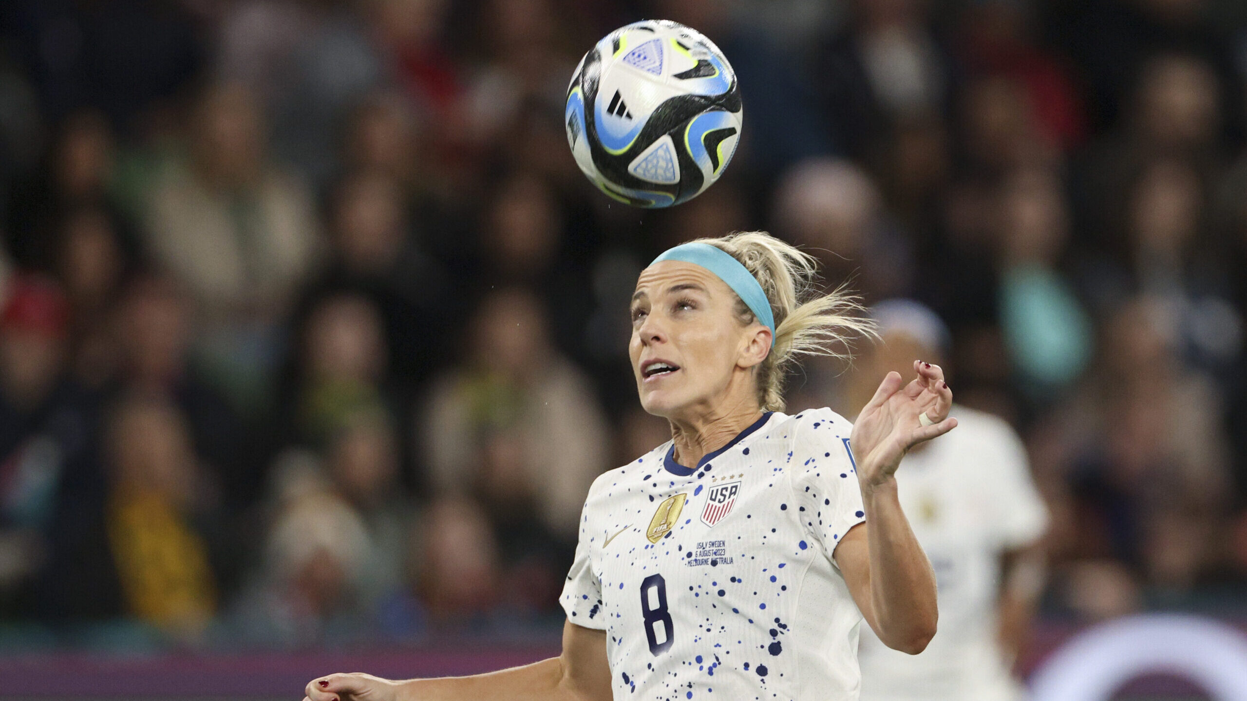 United States' Julie Ertz heads the ball during the Women's World Cup round of 16 soccer match betw...