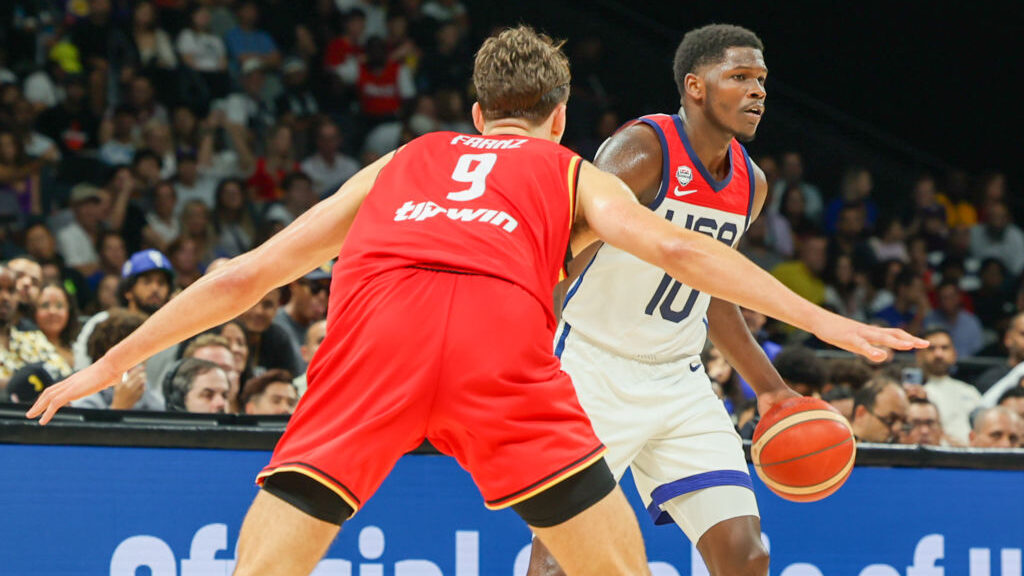 Anthony Edwards, USA basketball guard in a FIBA World Cup exhibition vs. Germany...