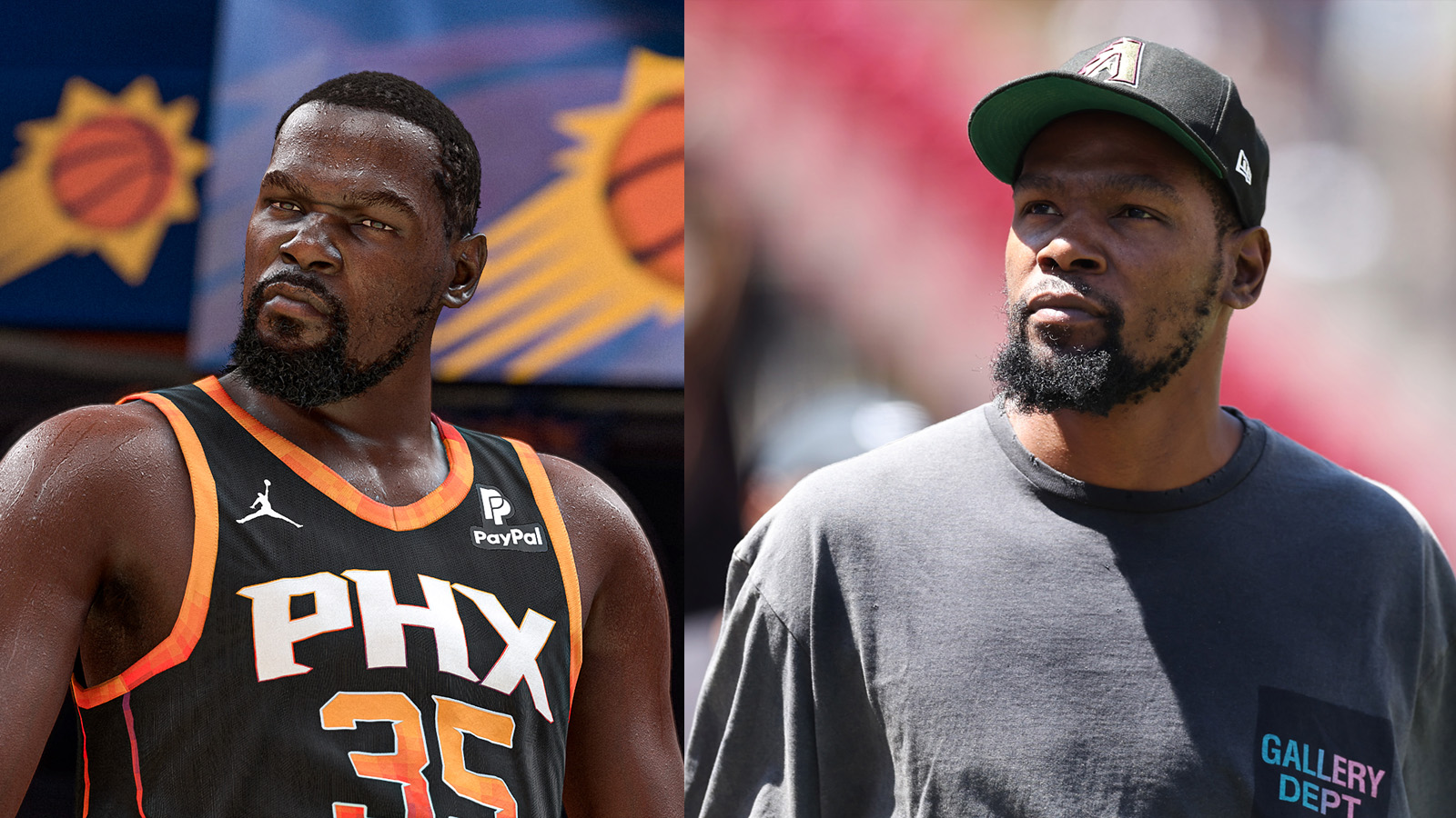 At left, Kevin Durant shown in NBA 2K24. At right, Kevin Durant on July 30. (Photo courtesy of 2K S...