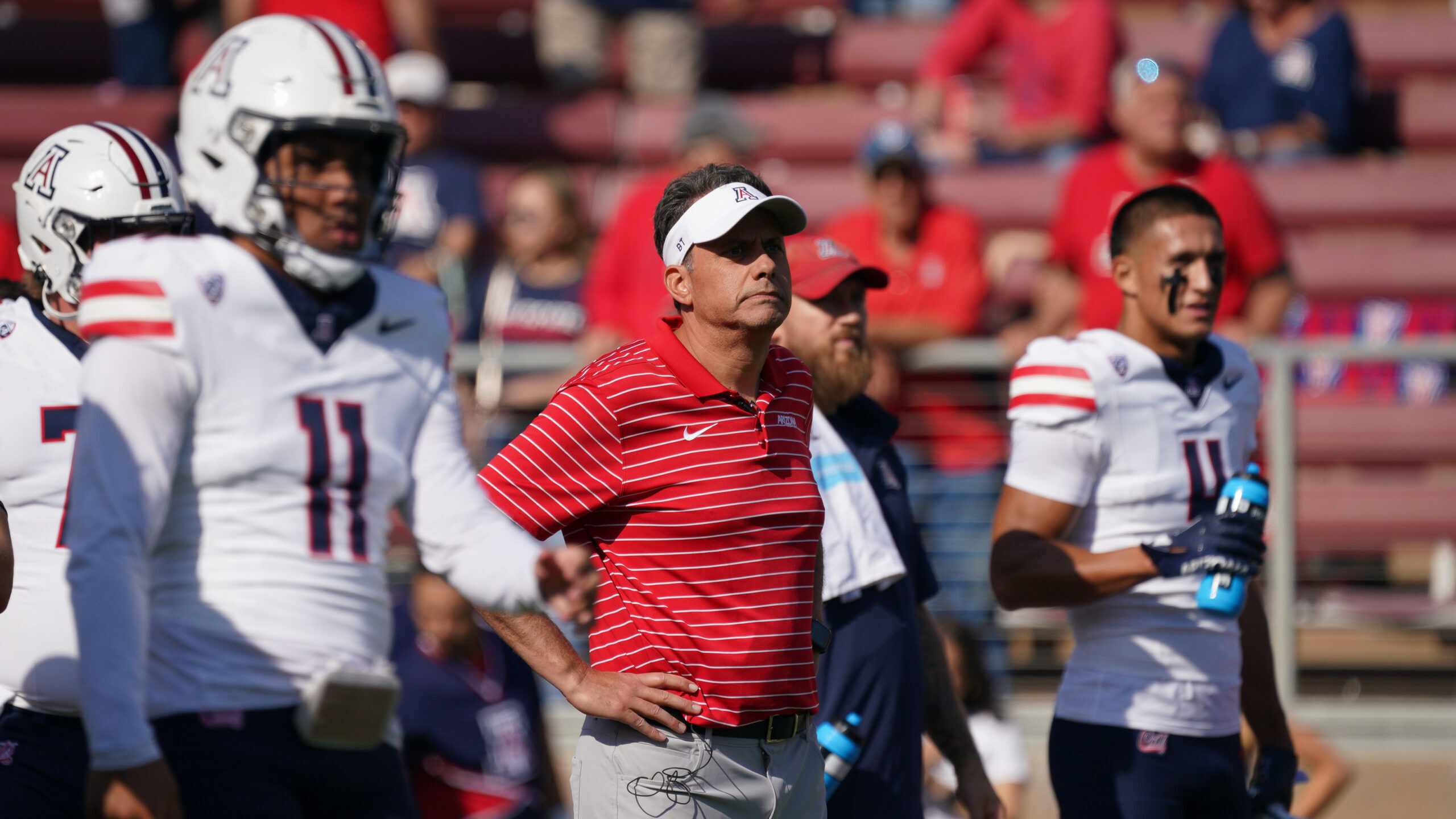 Head coach Jedd Fisch of the Arizona Wildcats prepares his team for the game against the Stanford C...