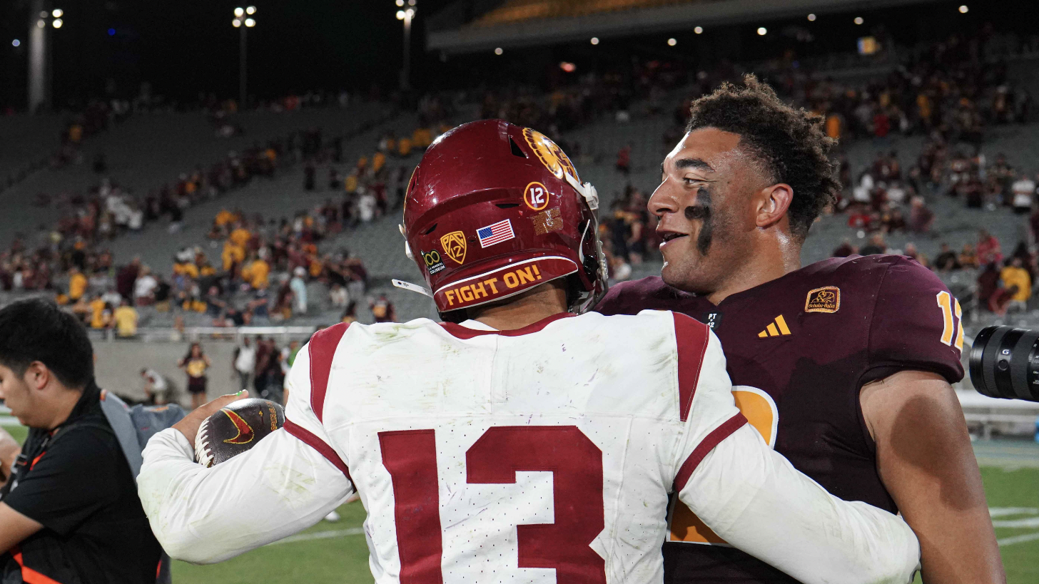 USC's Caleb Williams and ASU's Jalin Conyers (Jeremy Schnell/Arizona Sports)...