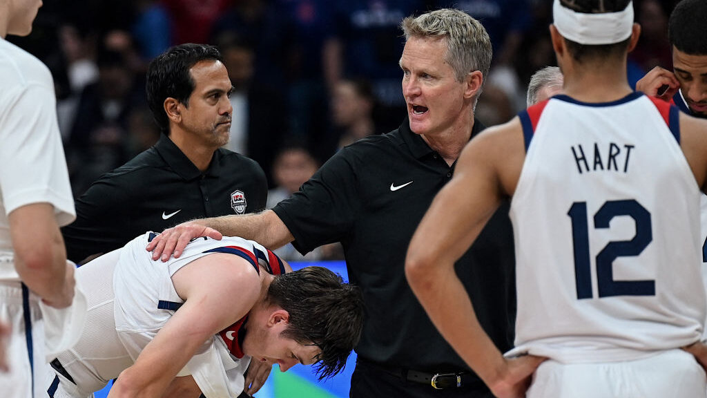 Steve Kerr and Austin Reaves after USA Basketball falls to Germany in the semifinals of the FIBA Wo...