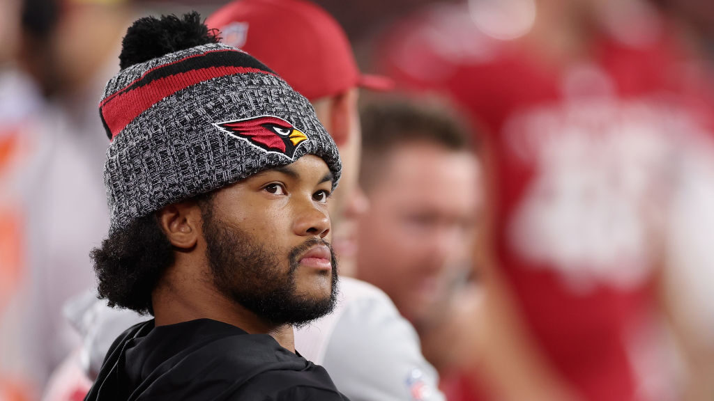 Quarterback Kyler Murray #1 of the Arizona Cardinals watches from the sidelines during the first ha...