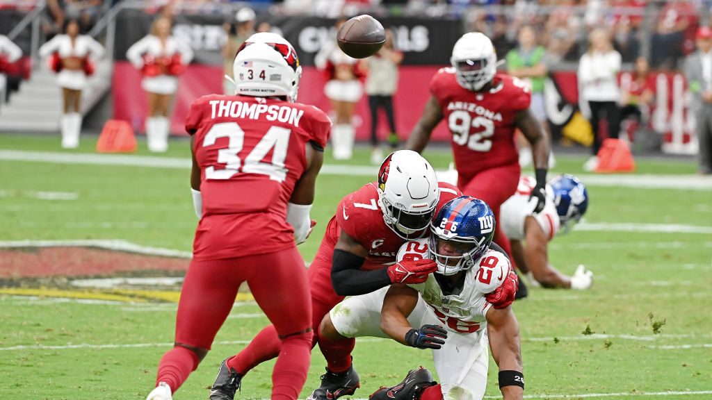 Jalen Thompson #34 of the Arizona Cardinals intercepts a pass during the second quarter in the game...