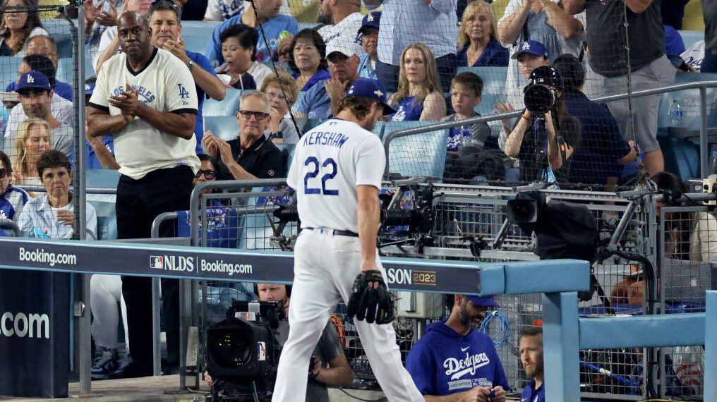 Magic Johnson watches Clayton Kershaw exit a Dodgers start...