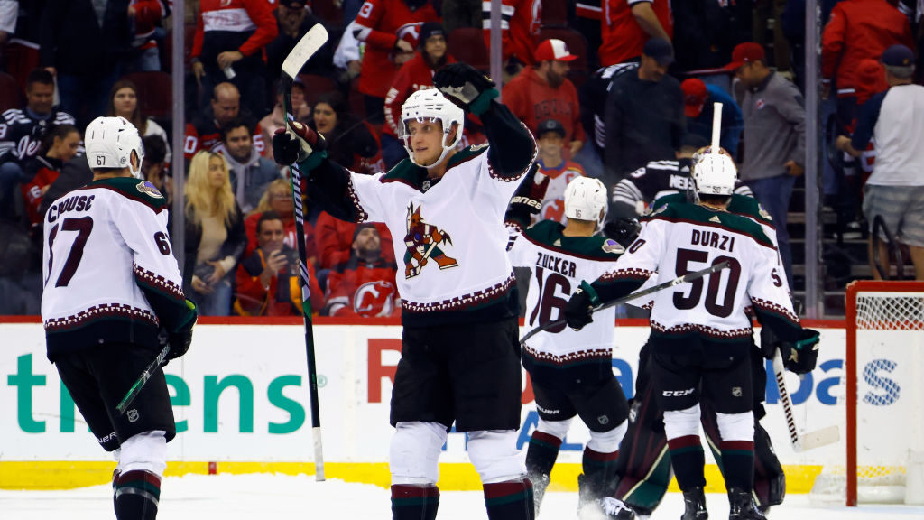 Nick Bjugstad #17 and the Arizona Coyotes celebrate victory over the New Jersey Devils at Prudentia...