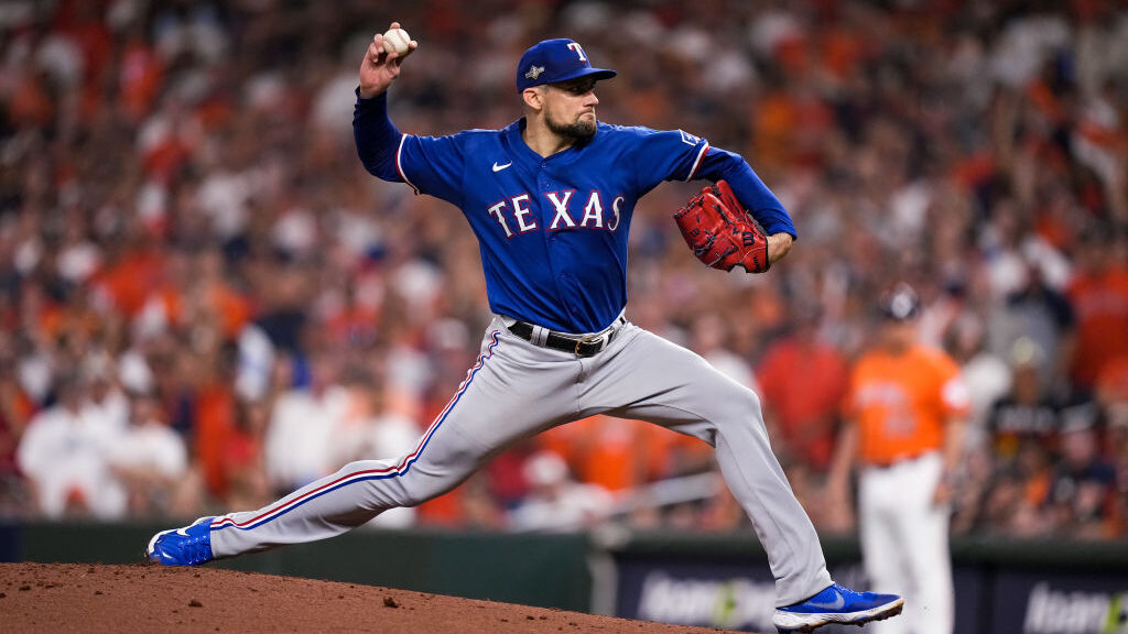 HOUSTON, TX - OCTOBER 22: Nathan Eovaldi #17 of the Texas Rangers delivers a pitch during Game Six ...