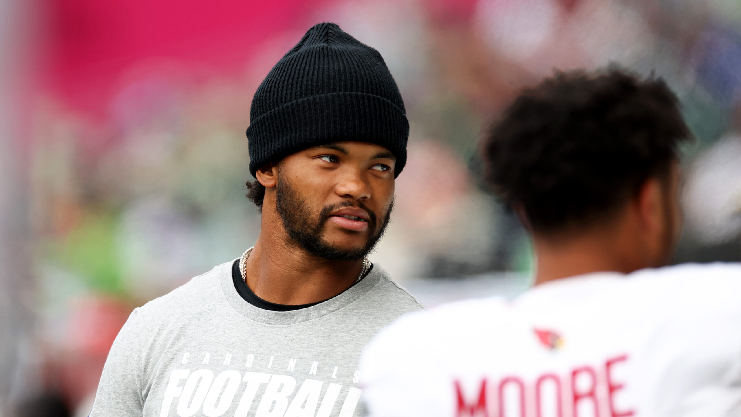 SEATTLE, WASHINGTON - OCTOBER 22: Kyler Murray #1 of the Arizona Cardinals looks on during the seco...