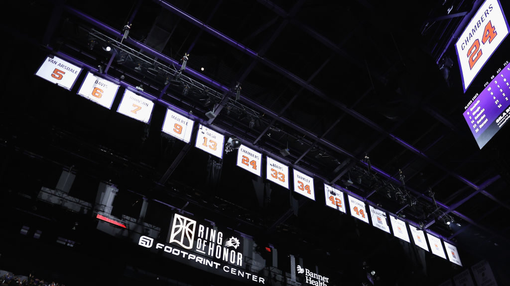 The new Phoenix Suns Ring of Honor is unveiled during the NBA game against the Utah Jazz at Footpri...