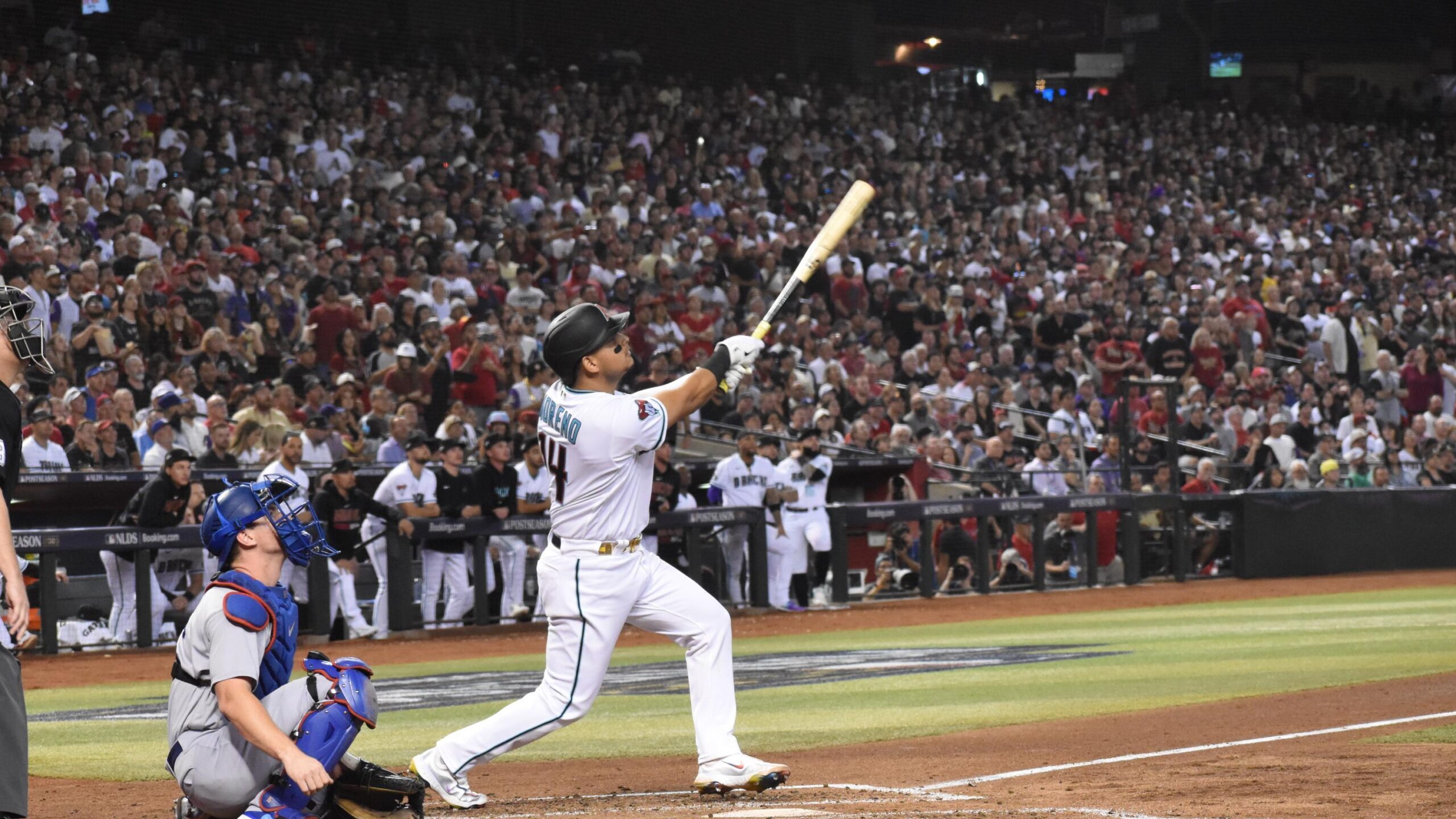 Gabriel Moreno homers for the Diamondbacks in the third inning against the Los Angeles Dodgers in G...