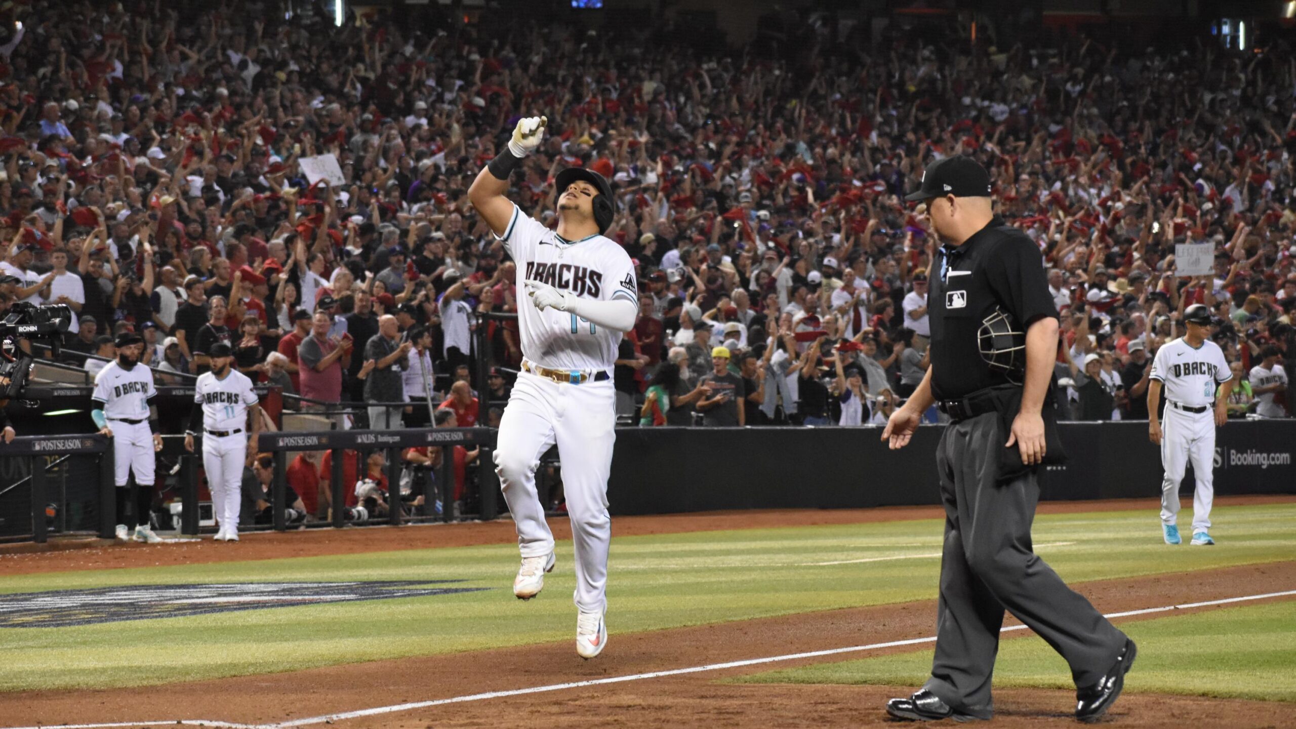 Gabriel Moreno homers for the Diamondbacks in the third inning against the Los Angeles Dodgers in G...