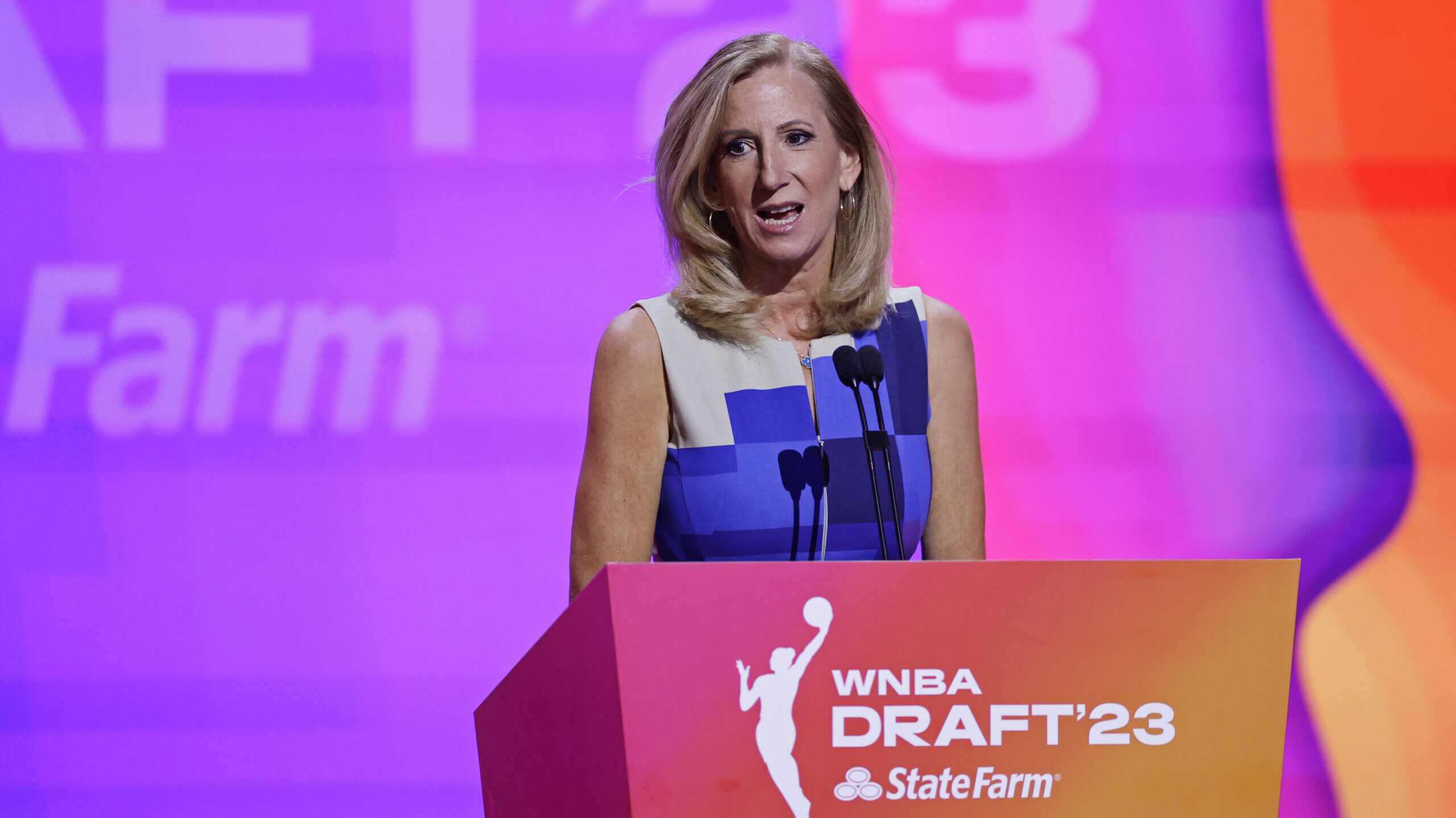 Commissioner Cathy Engelbert speaks at the WNBA basketball draft Monday, April 10, 2023, in New Yor...
