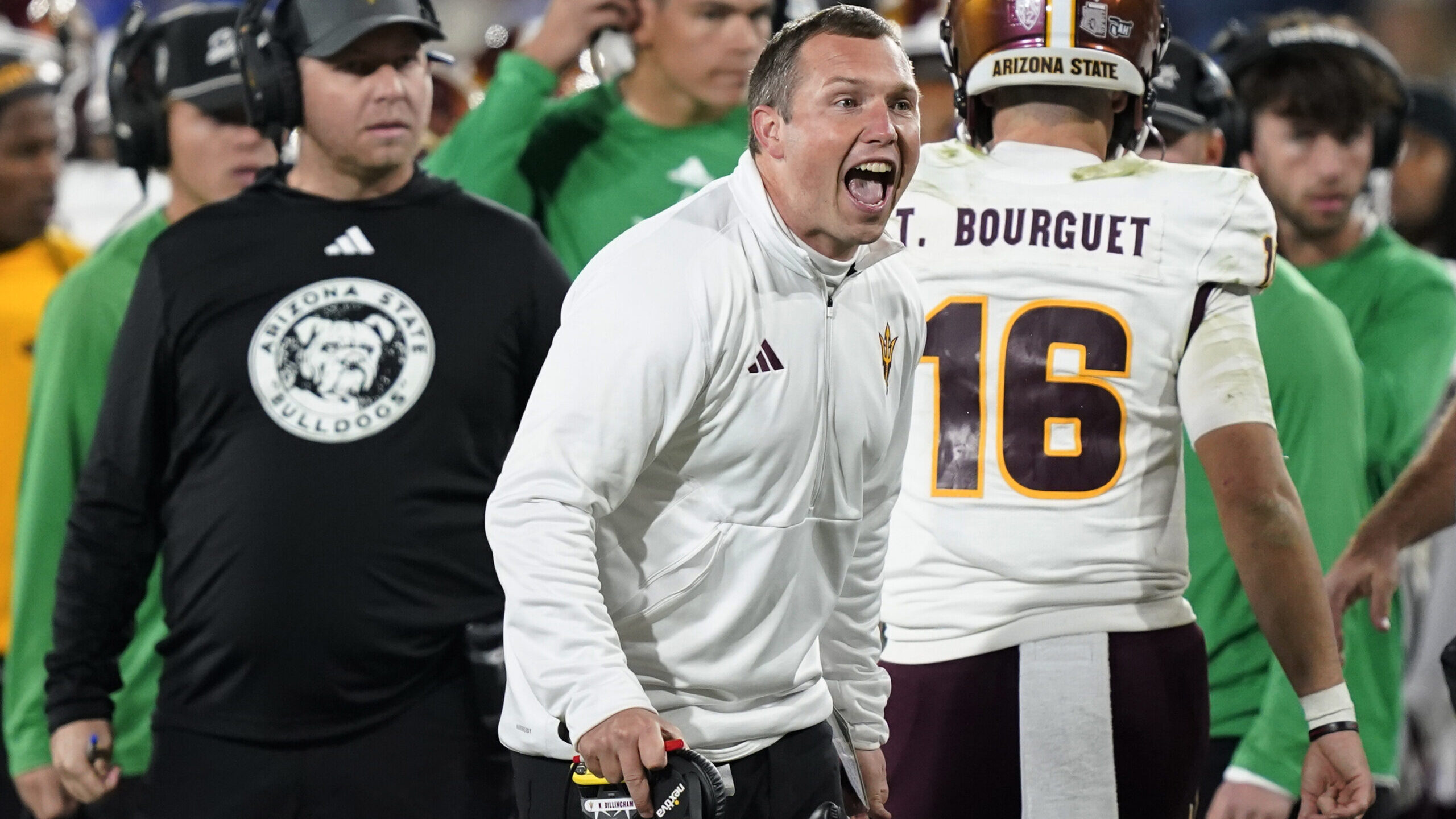 Arizona State coach Kenny Dillingham reacts during the second half of the team's NCAA college footb...