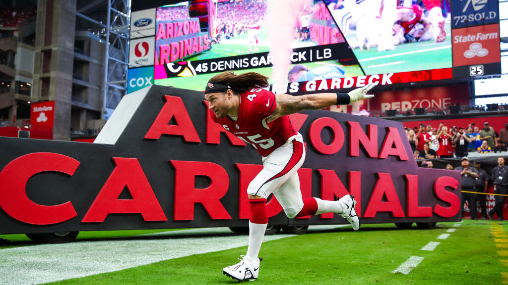 Dennis Gardeck #45 of the Arizona Cardinals takes the field during introductions before the NFL gam...
