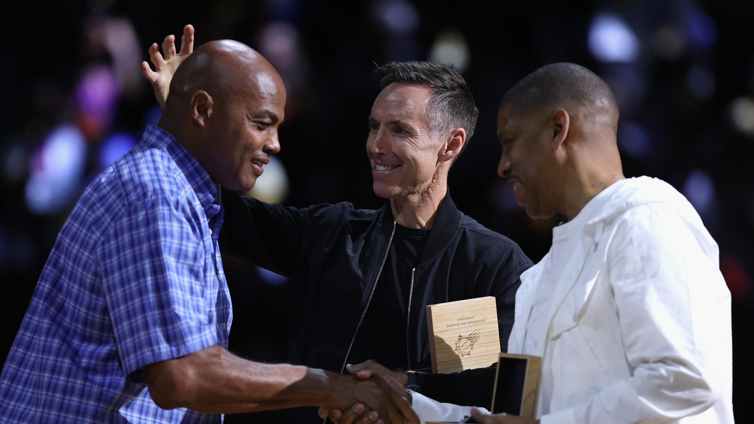 Charles Barkley, Steve Nash and Kevin Johnson are introduced to the new Phoenix Suns Ring of Honor ...