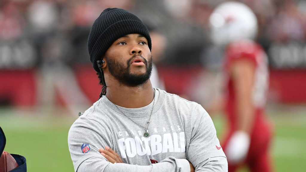Kyler Murray #1 of the Arizona Cardinals looks on from the sideline during the second quarter again...