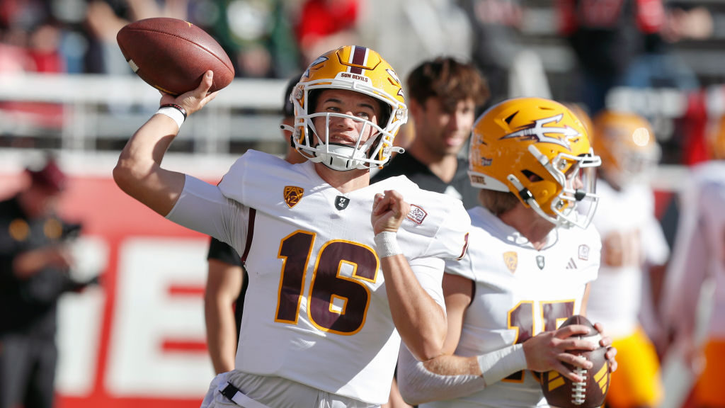 Trenton Bourguet #16 of the Arizona State Sun Devils throws a pass during warmups before their game...