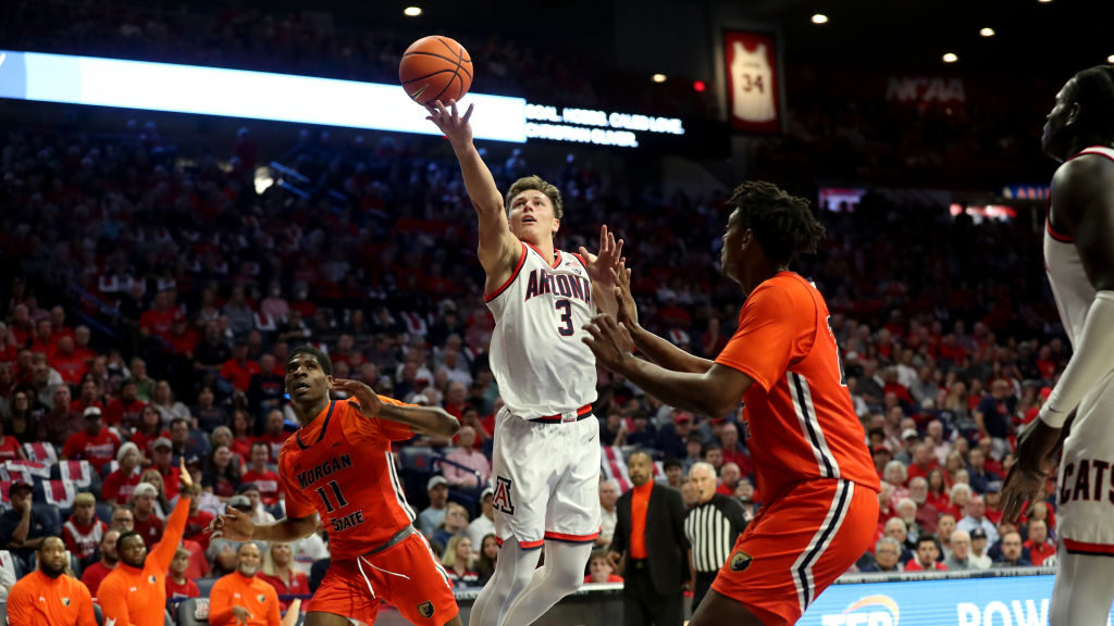 Arizona Wildcats guard Pelle Larsson #3 during the first half of a basketball game between the Morg...