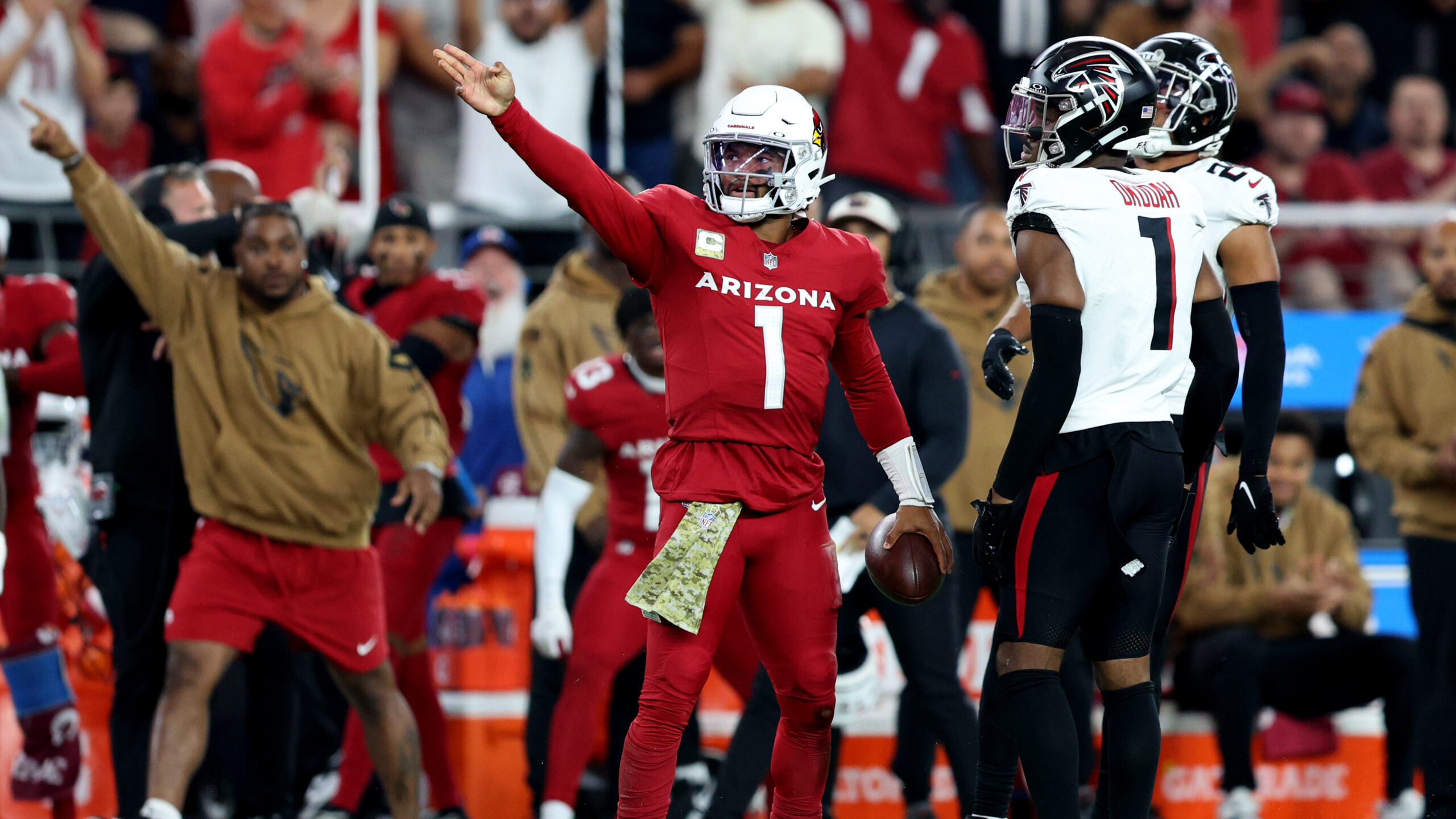 Kyler Murray #1 of the Arizona Cardinals reacts after a first down run against the Atlanta Falcons ...