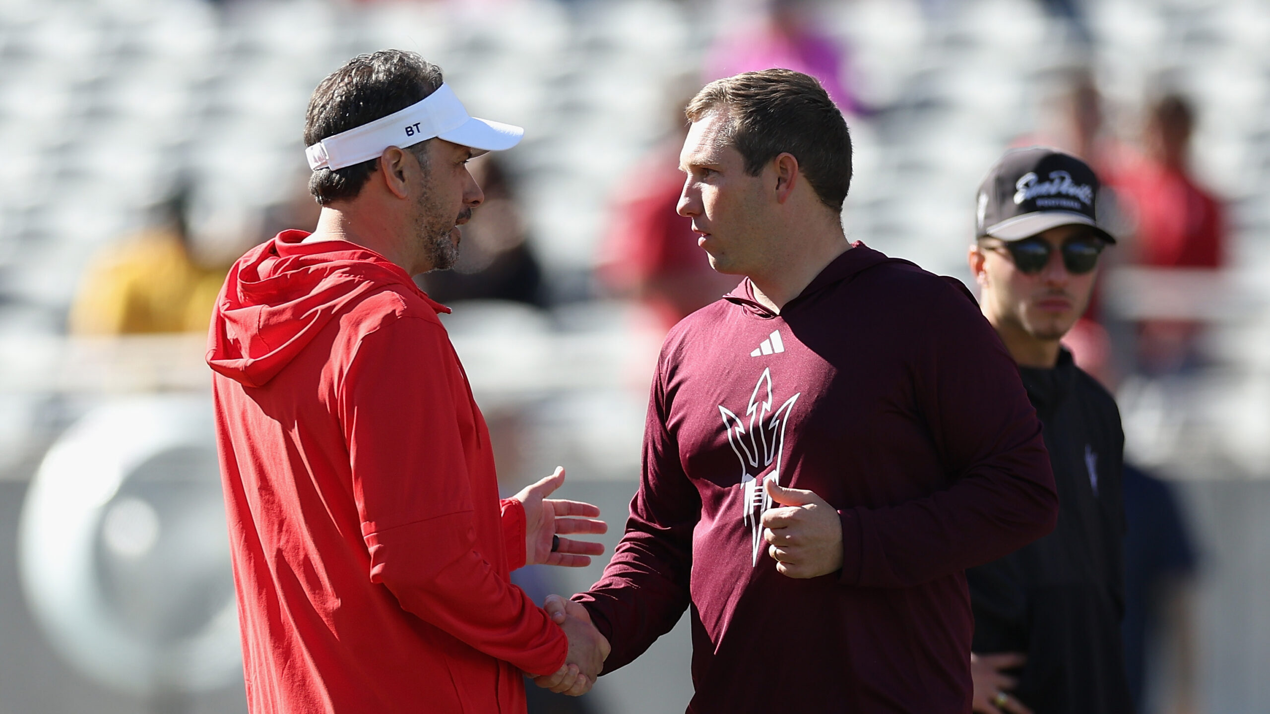 Head coaches Jedd Fisch of the Arizona Wildcats and Kenny Dillingham of the Arizona State Sun Devil...