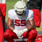 Arizona Cardinals DL Dante Stills takes a minute in between drills during practice on Thursday, Nov. 9, 2023, in Tempe. (Tyler Drake/Arizona Sports)