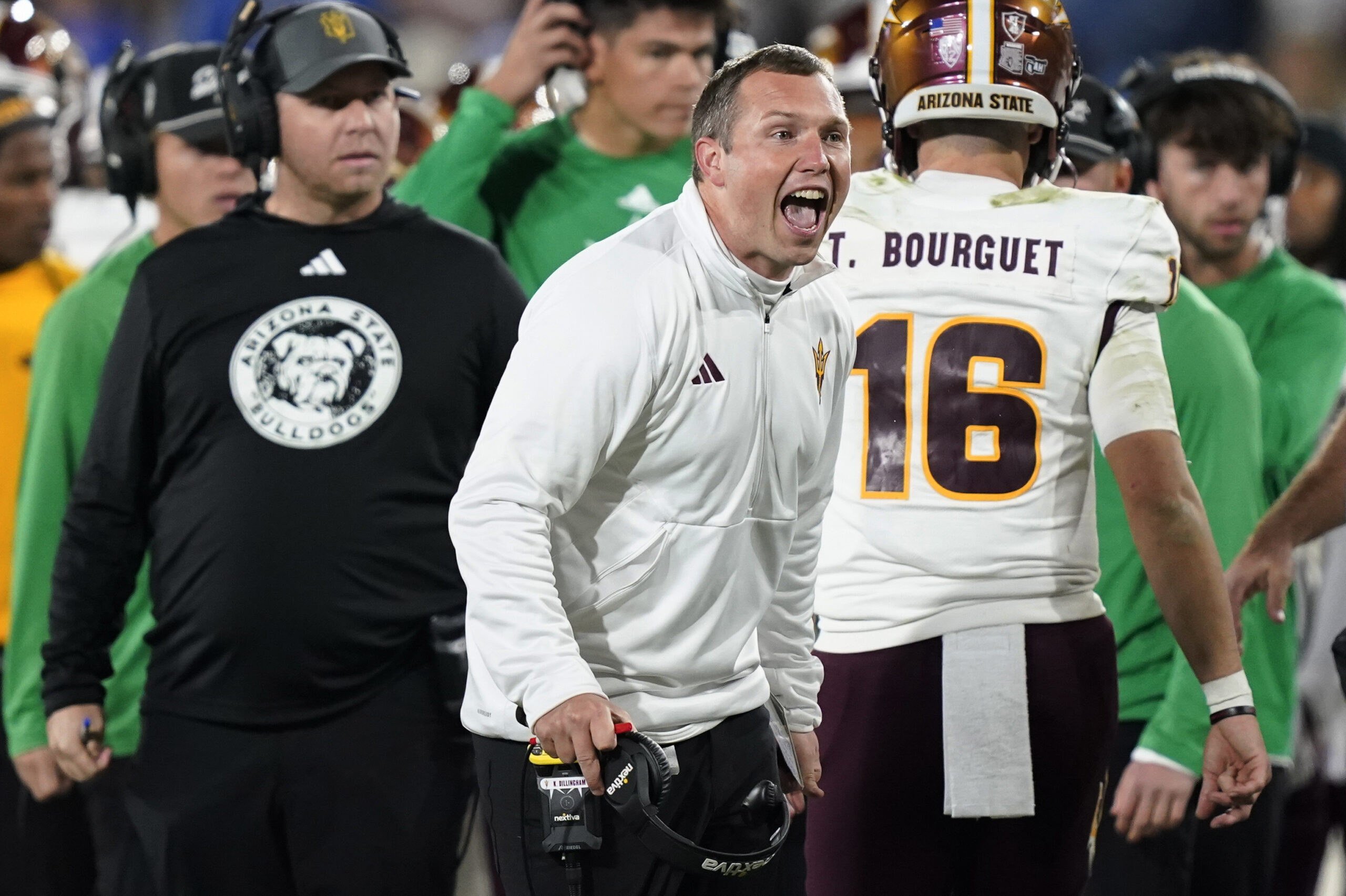 Arizona State coach Kenny Dillingham reacts during the second half of the team's NCAA college footb...