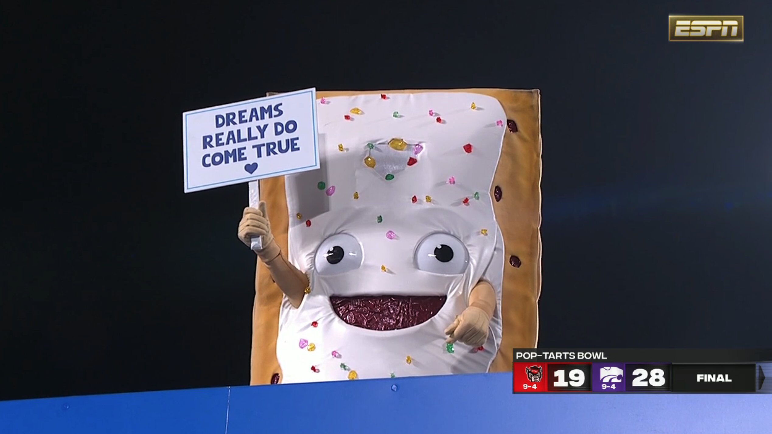 An edible Pop-Tart mascot was consumed by Kansas State after its victory in the Pop-Tarts Bowl in O...