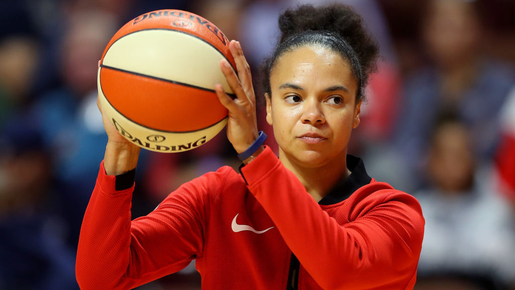 Kristi Toliver looks on during Game Four of the 2019 WNBA Finals between the Washington Mystics and...