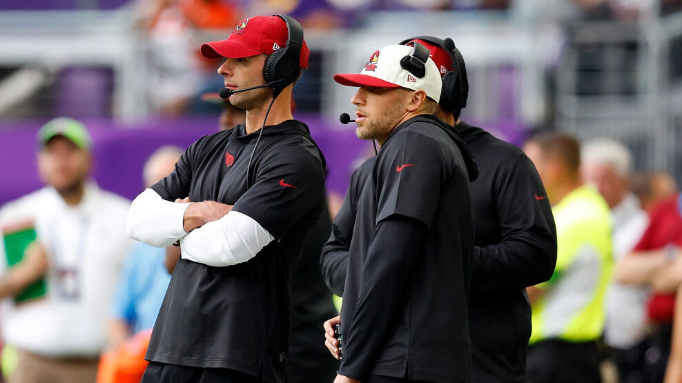 Arizona Cardinals head coach Jonathan Gannon and DC Nick Rallis look on...