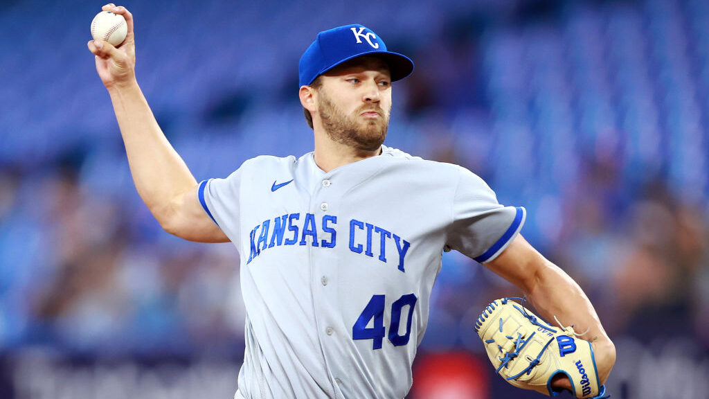 Collin Snider #40 of the Kansas City Royals pitches in the second inning against the Toronto Blue J...